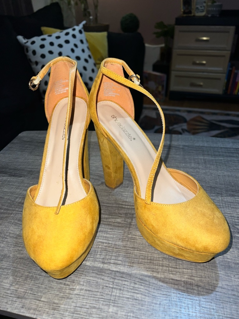 Shoe Dazzle Yellow Suede Platform Ankle-Strap Pumps